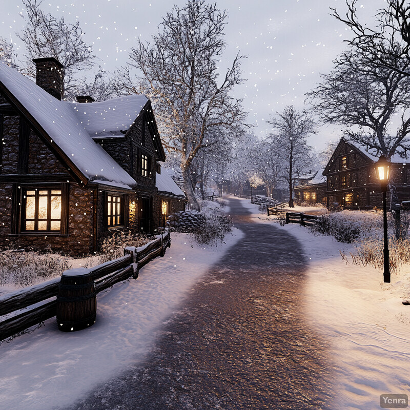 A peaceful winter scene in a small town or village, featuring snow-covered trees and charming stone houses.