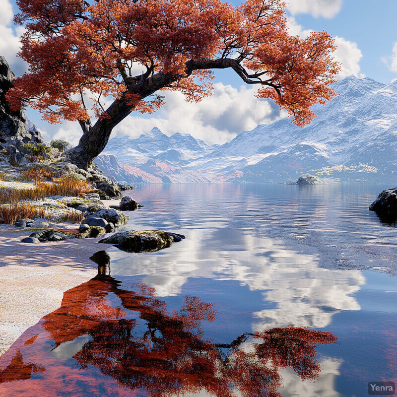 A serene mountain lake scene with a prominent tree and snow-capped mountains in the background.