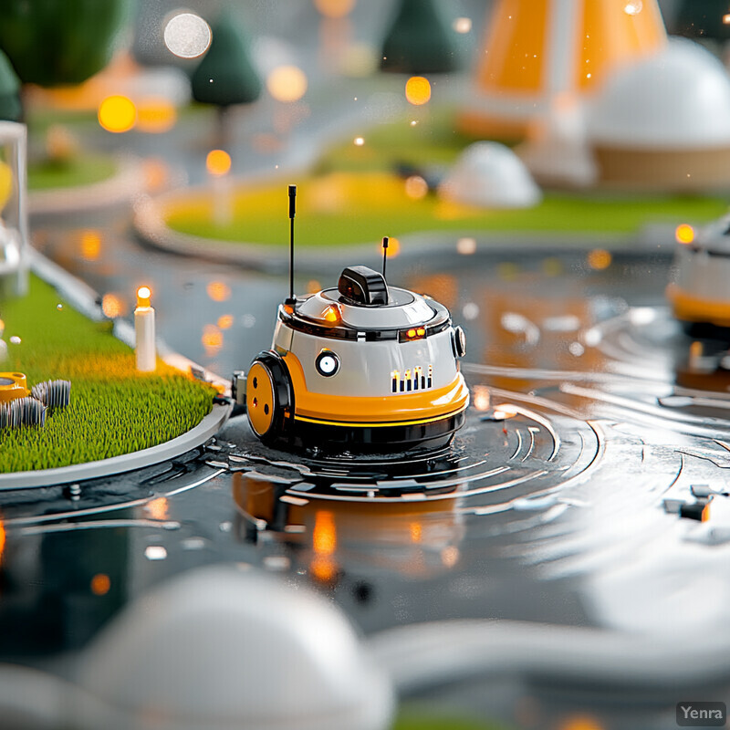 A miniature robot navigates a circular road with grassy island and pole, surrounded by other robots in a dimly lit scene.