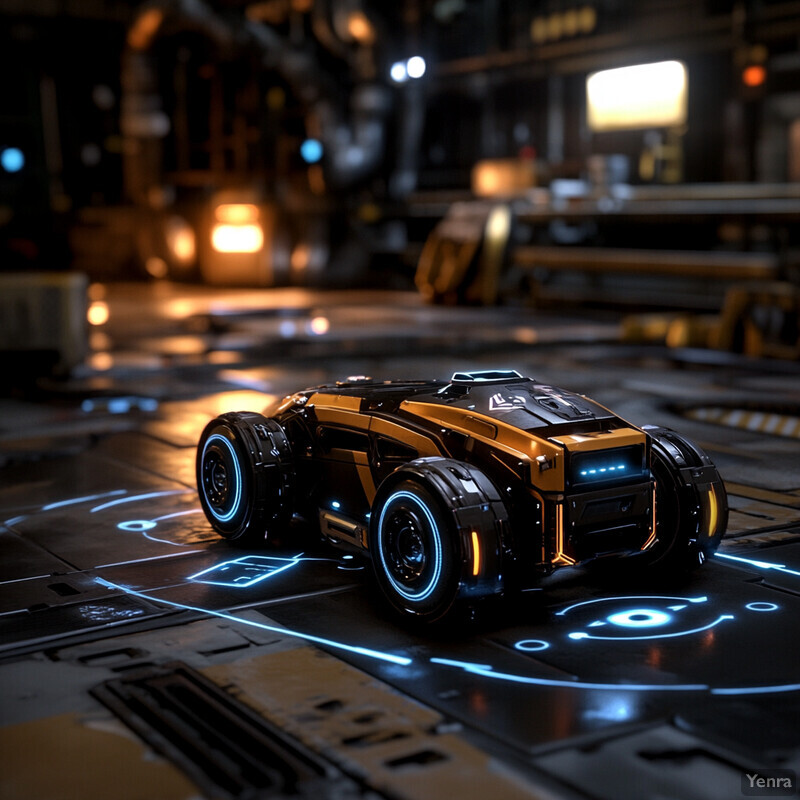 A futuristic vehicle with glowing blue accents and orange highlights sits on a black floor in an industrial setting.