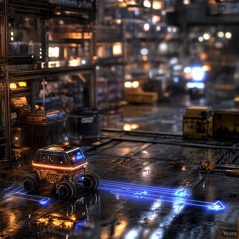 A futuristic cityscape with a small vehicle in the foreground, showcasing innovation and progress.