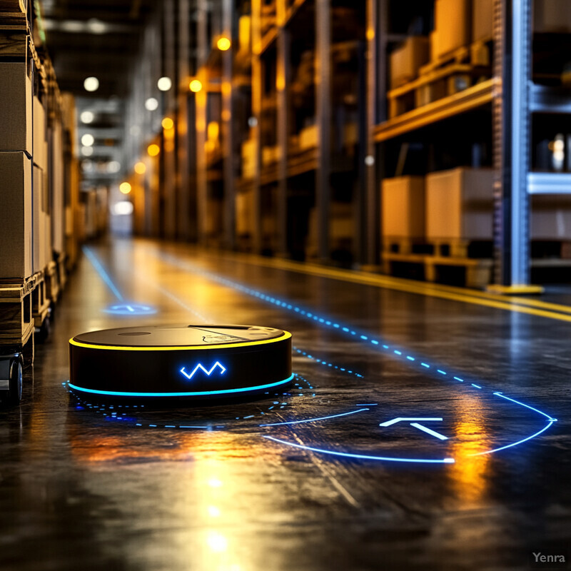 An industrial warehouse with a black circular device and multiple shelves stacked with boxes.