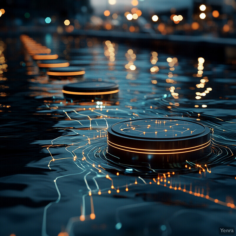 A futuristic scene where circular objects float on water with warm orange glow and circuit board-like patterns.