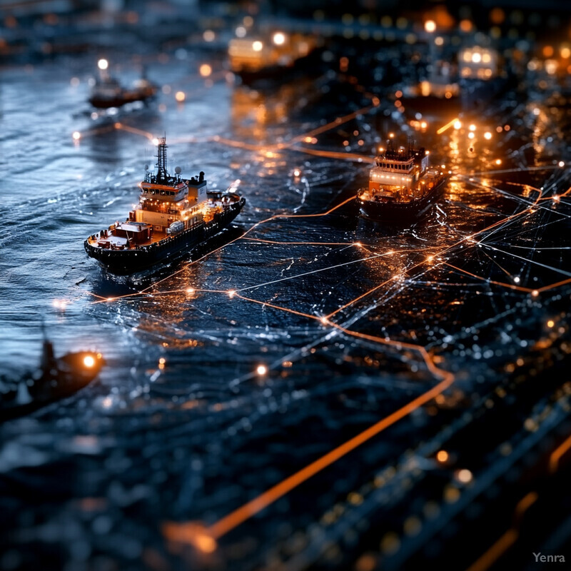 A bustling harbor scene at night, with several large ships docked and illuminated by bright lights.