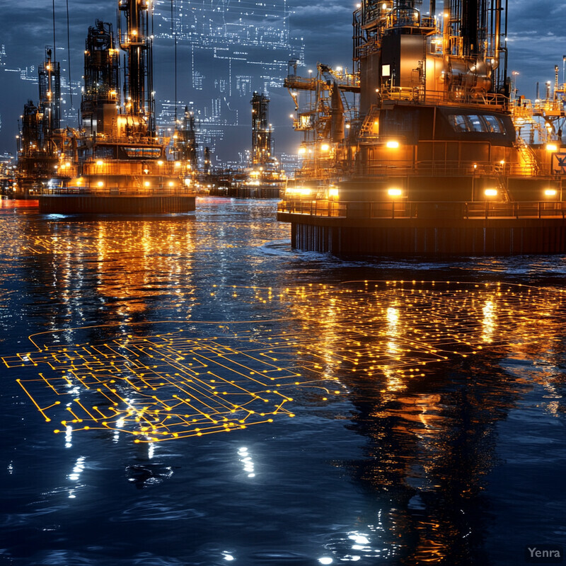 An industrial complex on a body of water at night, illuminated by yellow lights and overlaid with a circuit board-like design.