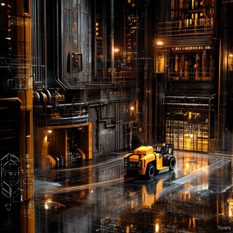 A futuristic industrial scene with machines and machinery, set against a dark and ominous backdrop.