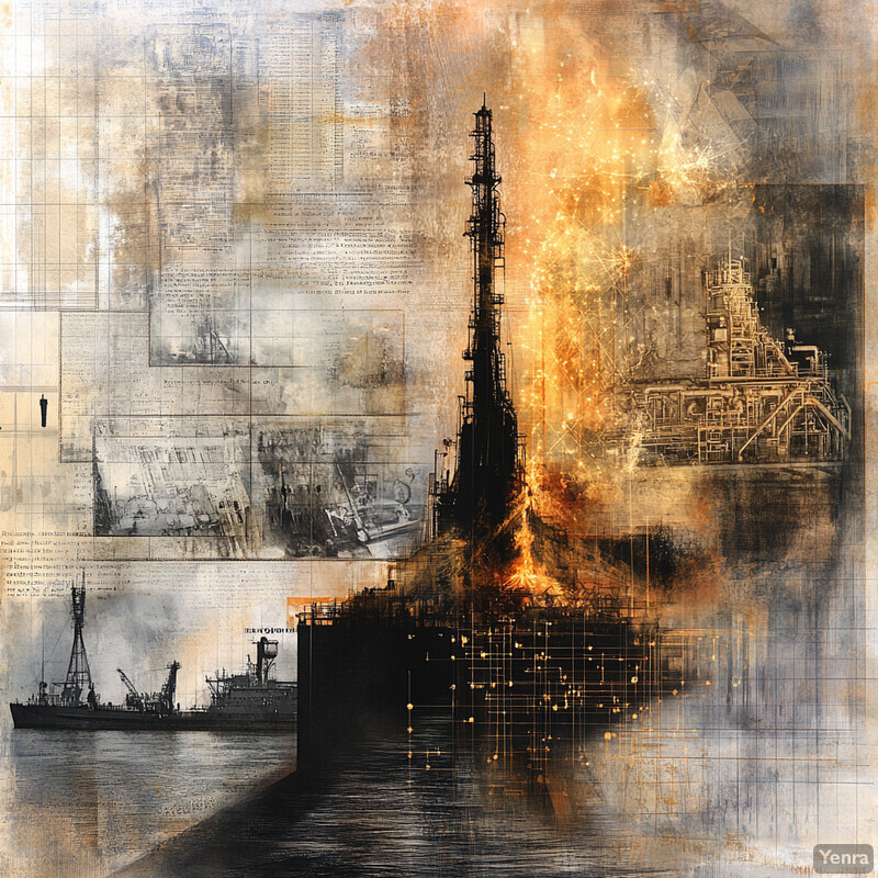 An oil rig is engulfed in flames, with smoke and fire burning on its platform.