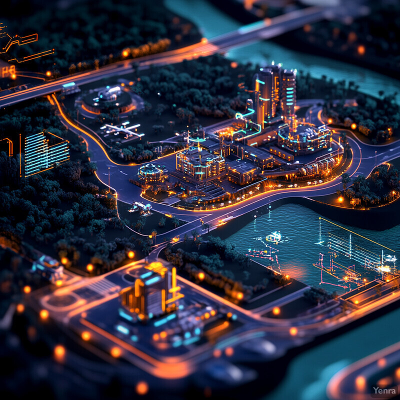 A futuristic cityscape with towering skyscrapers and neon lights.