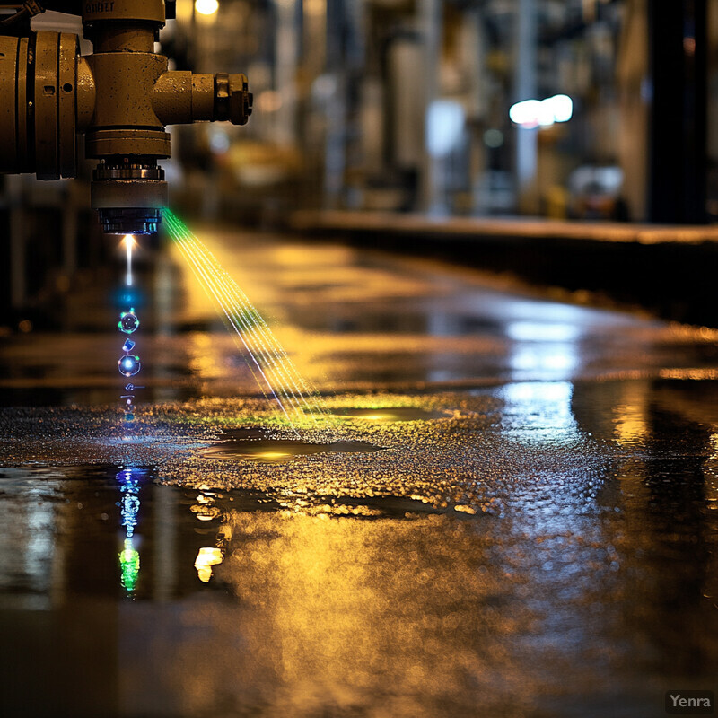 A brown fire hydrant with water flowing out of it on a wet urban street at night.