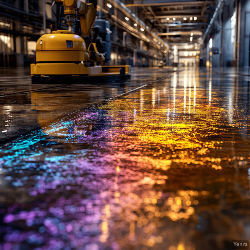 A photograph of an industrial setting, featuring a polished concrete floor and various pieces of machinery in the background.