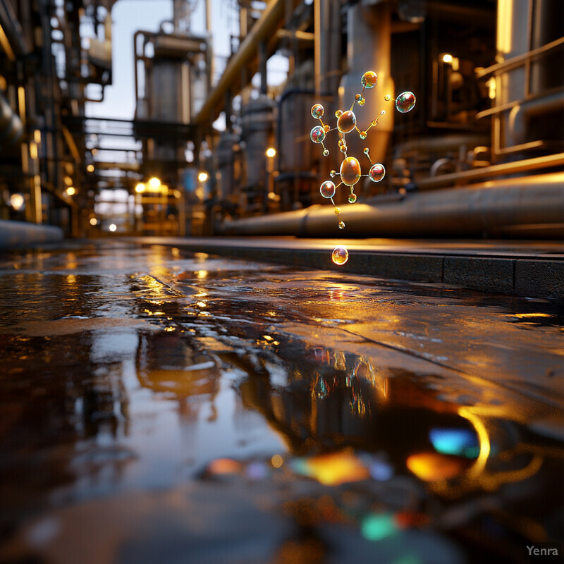 An industrial setting with pipes and machinery in the background, featuring a wet, reflective surface and rising bubbles.