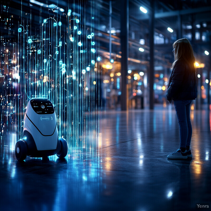 A young girl stands in front of a large screen displaying a futuristic cityscape, with a robot hovering nearby.