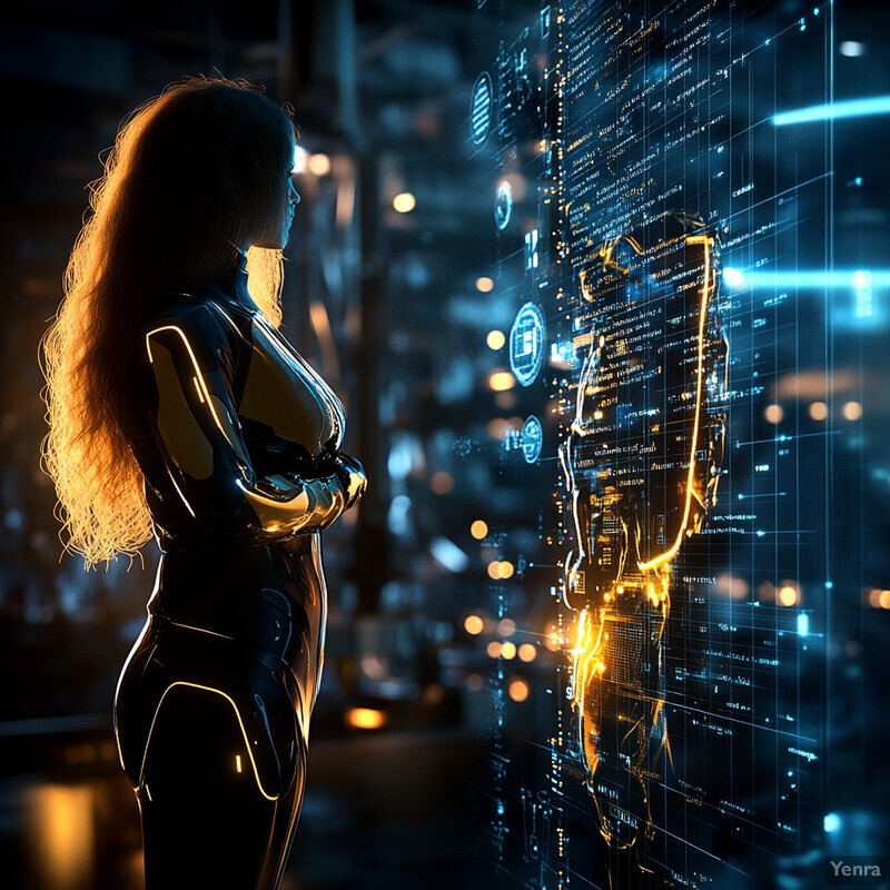 A woman with long hair stands confidently in front of a large screen displaying lines of code and data visualizations.