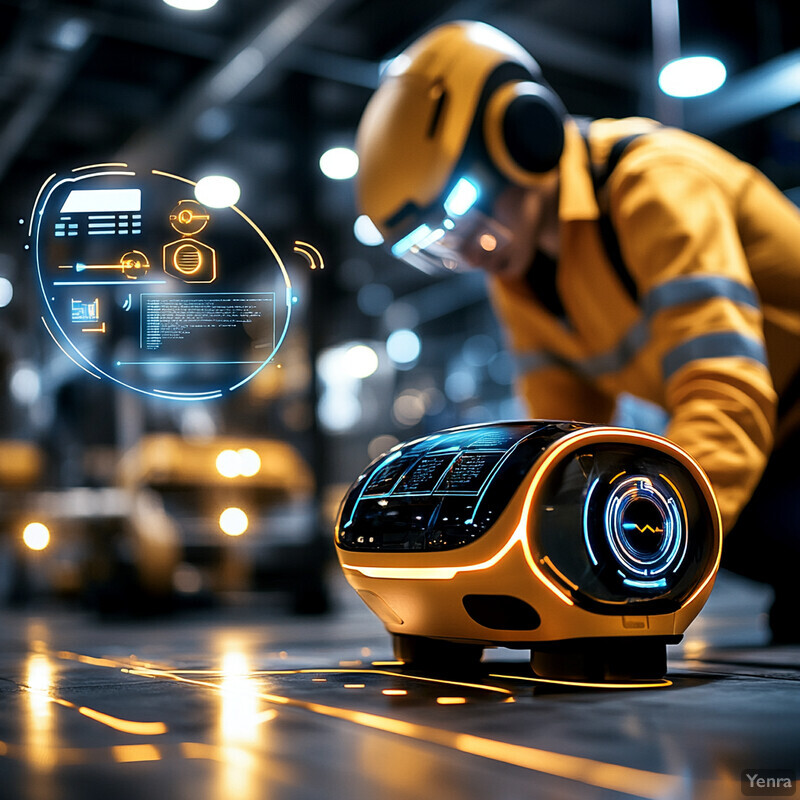 A person is collaborating with an autonomous robot in a warehouse setting.