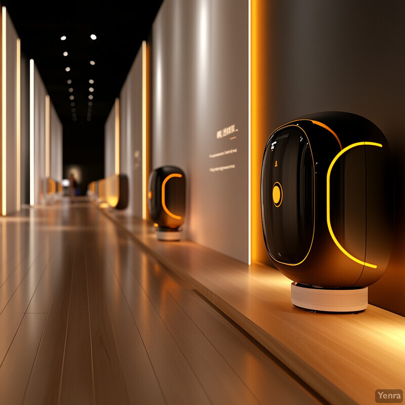 A modern hallway with sleek, futuristic aesthetic featuring large vertical panels and four black oval-shaped objects with yellow lines.