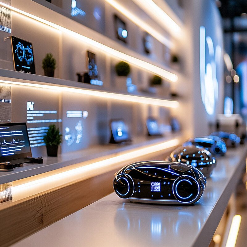 A futuristic-looking room with various high-tech objects on display.