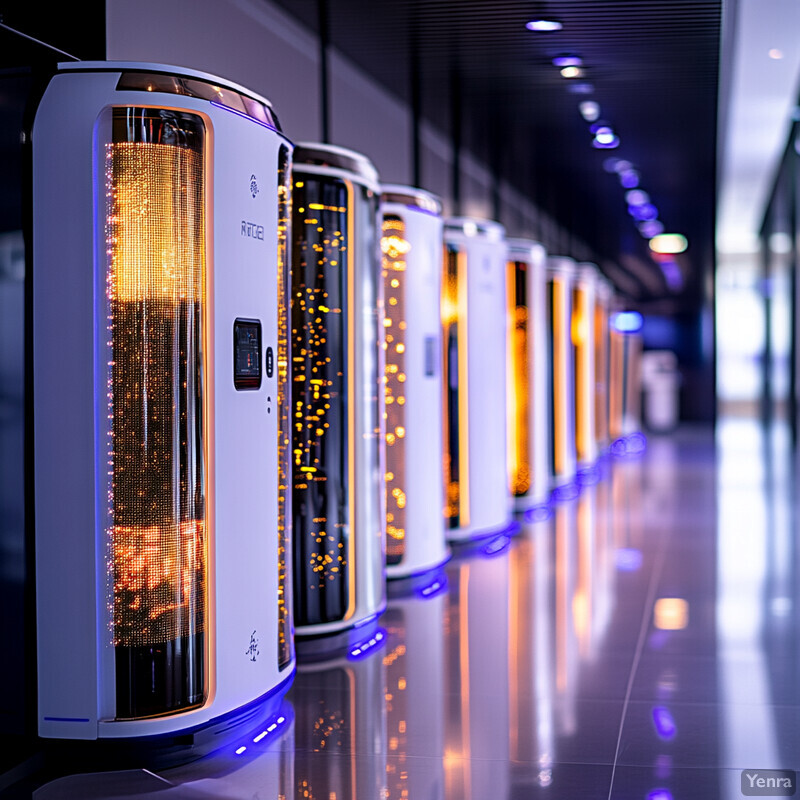 A row of cylindrical machines with orange lights in a modern indoor setting.