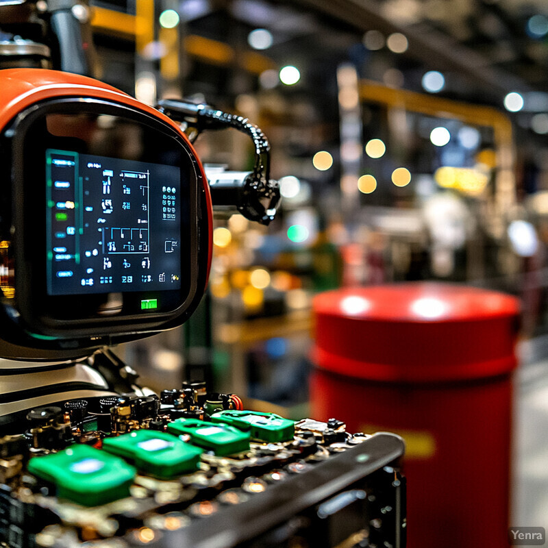 A machine with a screen displaying symbols and graphics is shown in an industrial setting.