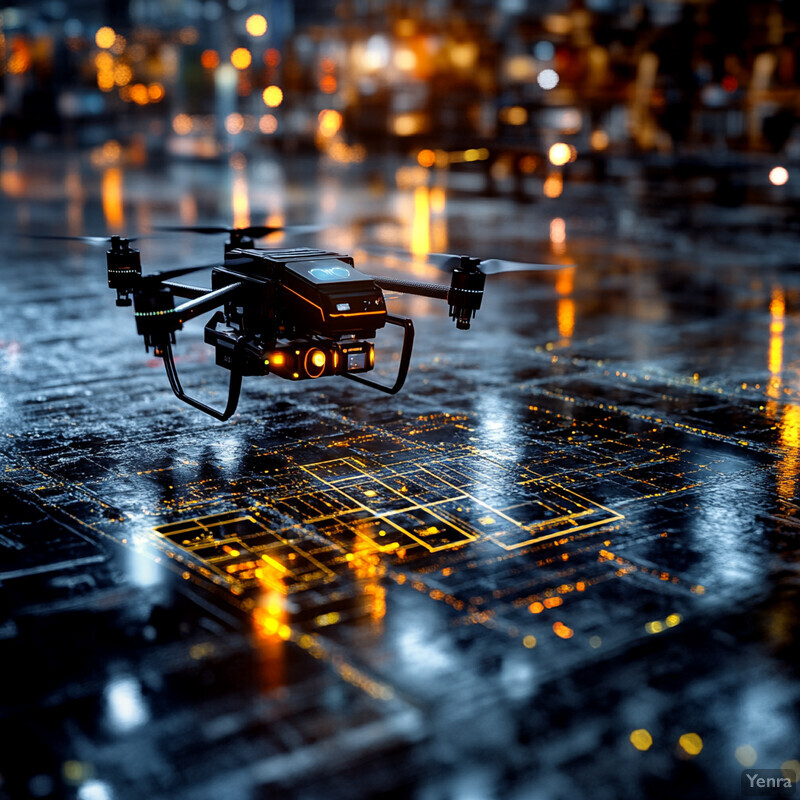 A drone is flying over a city street at night to estimate spill volume using advanced algorithms.