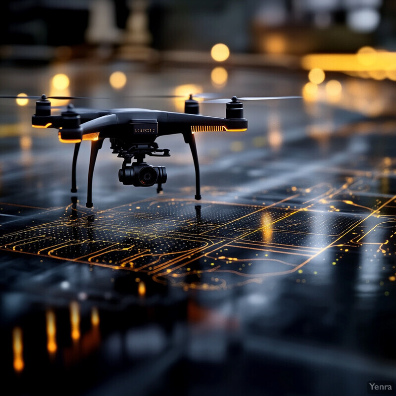 A drone hovers above a map or blueprint of some sort.