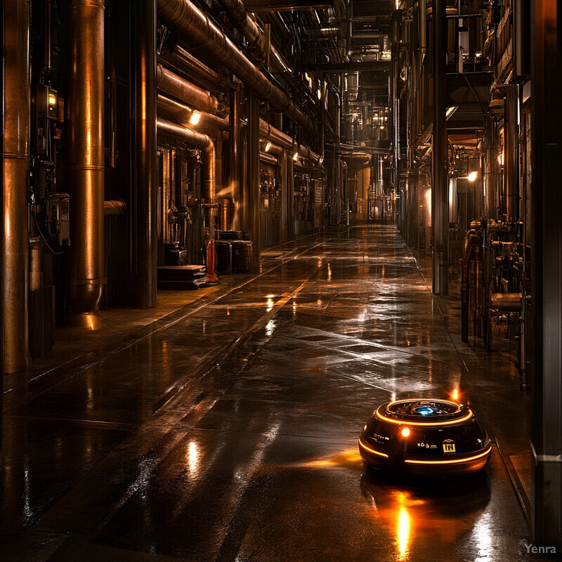 An industrial scene with a small robot and numerous pipes in the background.