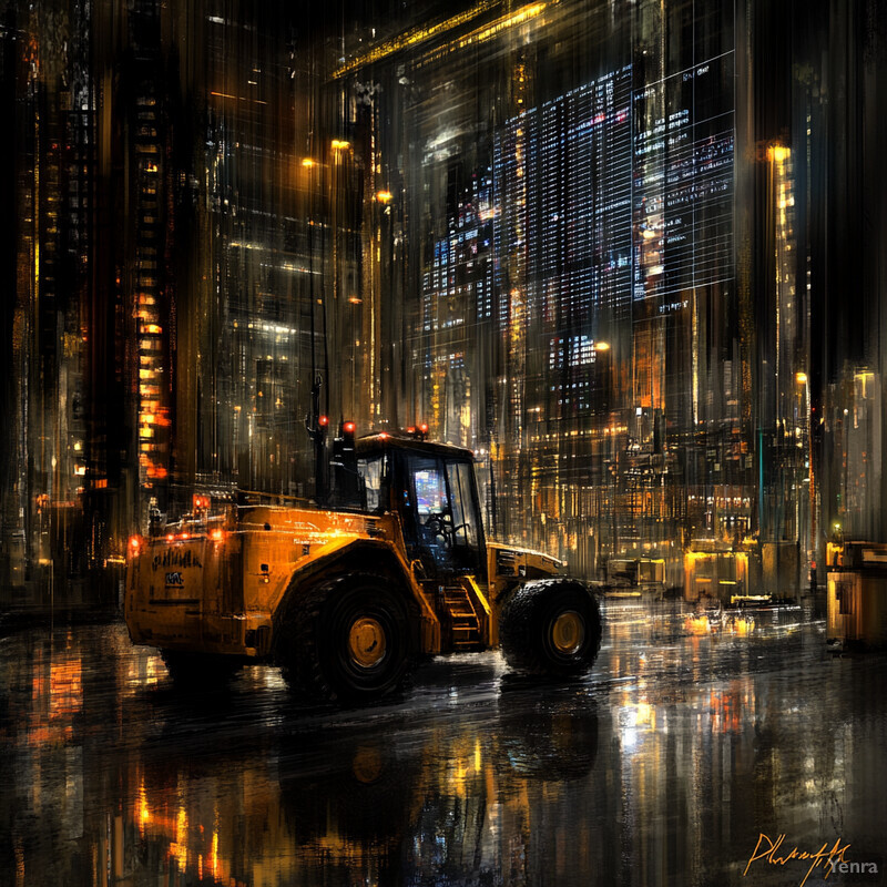 A nighttime scene featuring an illuminated yellow construction vehicle on a wet road surrounded by tall buildings.