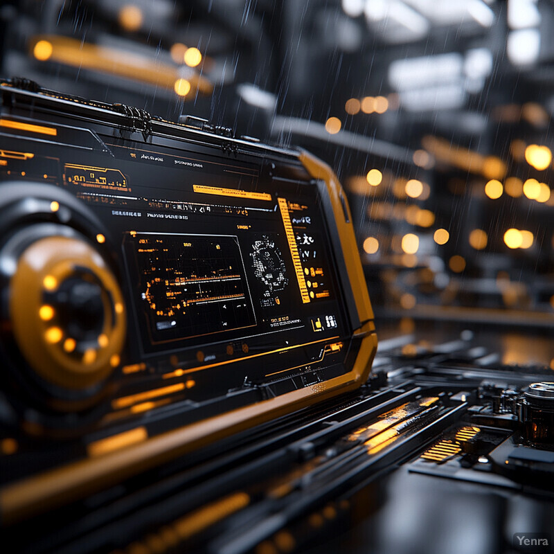 A futuristic control panel with screens and buttons, surrounded by wires and cables.