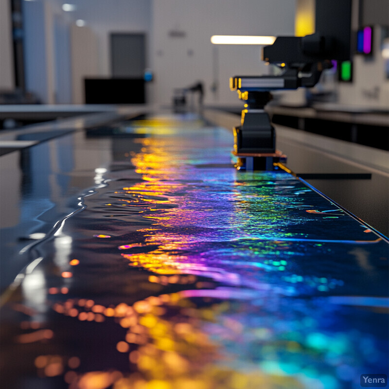 A computer monitor is placed on an illuminated surface in a laboratory setting.