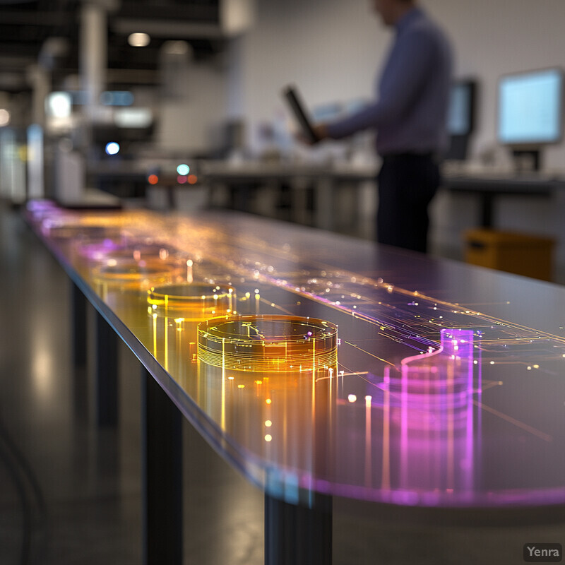 A large, curved table with a transparent surface displays various data visualizations and models for predictive spill spread modeling.