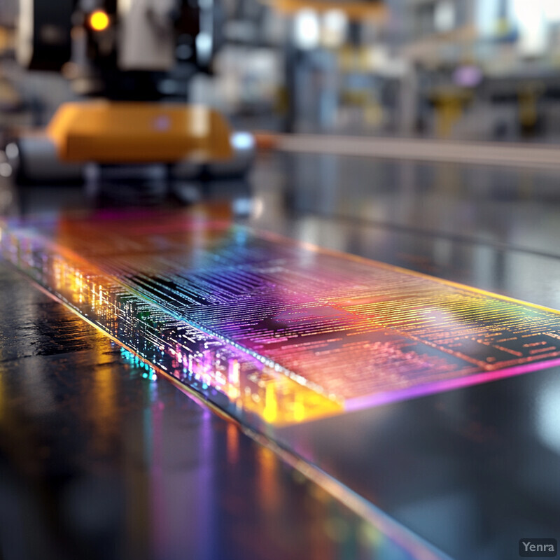 A blurry image showing an industrial machine with a yellow object and an orange glow on top, set against a workshop backdrop.