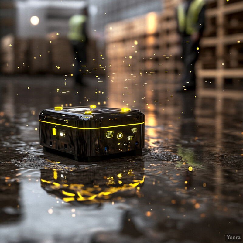 A small black device with yellow accents sits on a wet floor in an industrial setting, surrounded by workers.