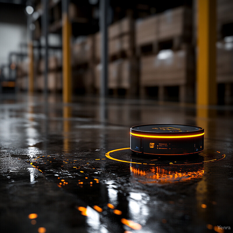 A black cylindrical device with a yellow line and small screen or display sits on a wet concrete floor in an industrial warehouse setting.