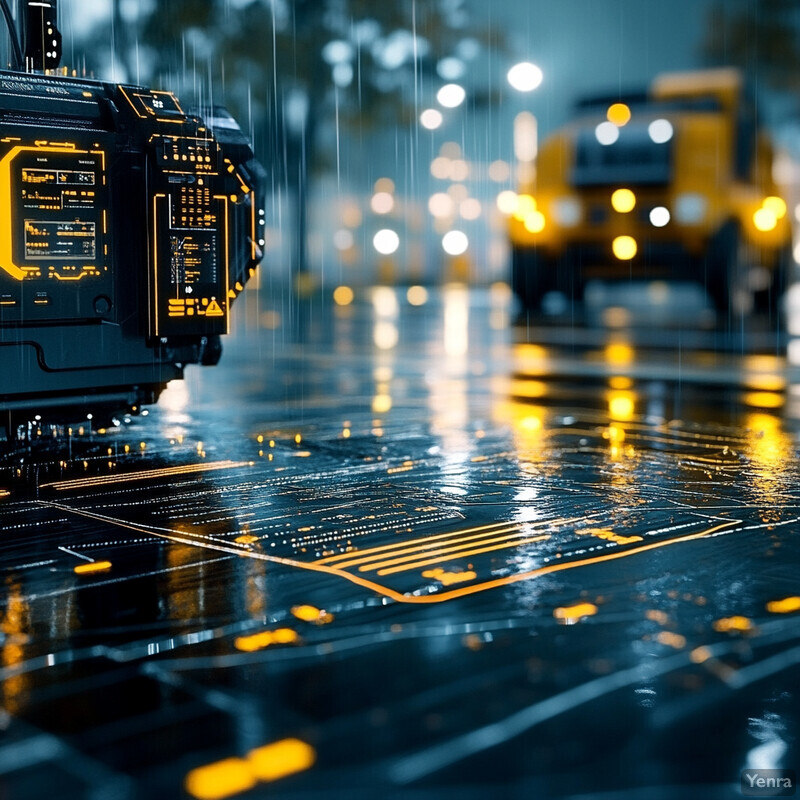 A futuristic scene with a black and yellow circuit board in the foreground and a blurry image of a truck or vehicle in the background.