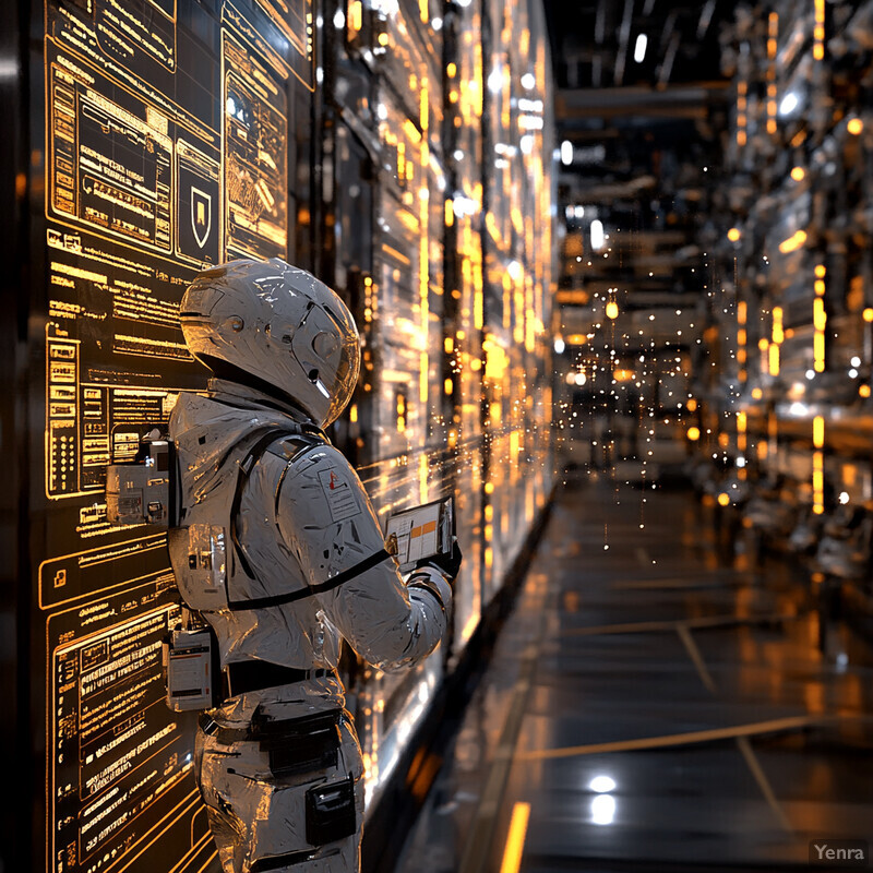 An astronaut checks data on screens in a control room.