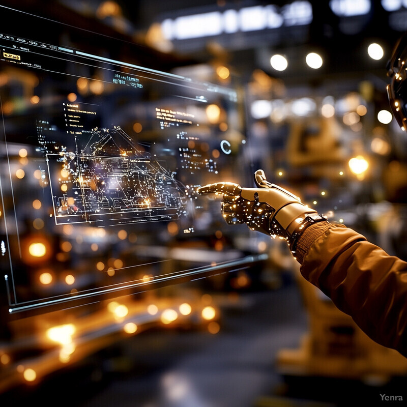 A person's hand reaches out to touch a futuristic screen in an industrial setting.