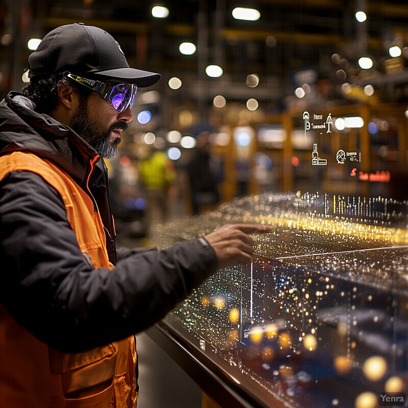 A man in an industrial setting interacts with a large screen displaying real-time data on production levels and quality control.