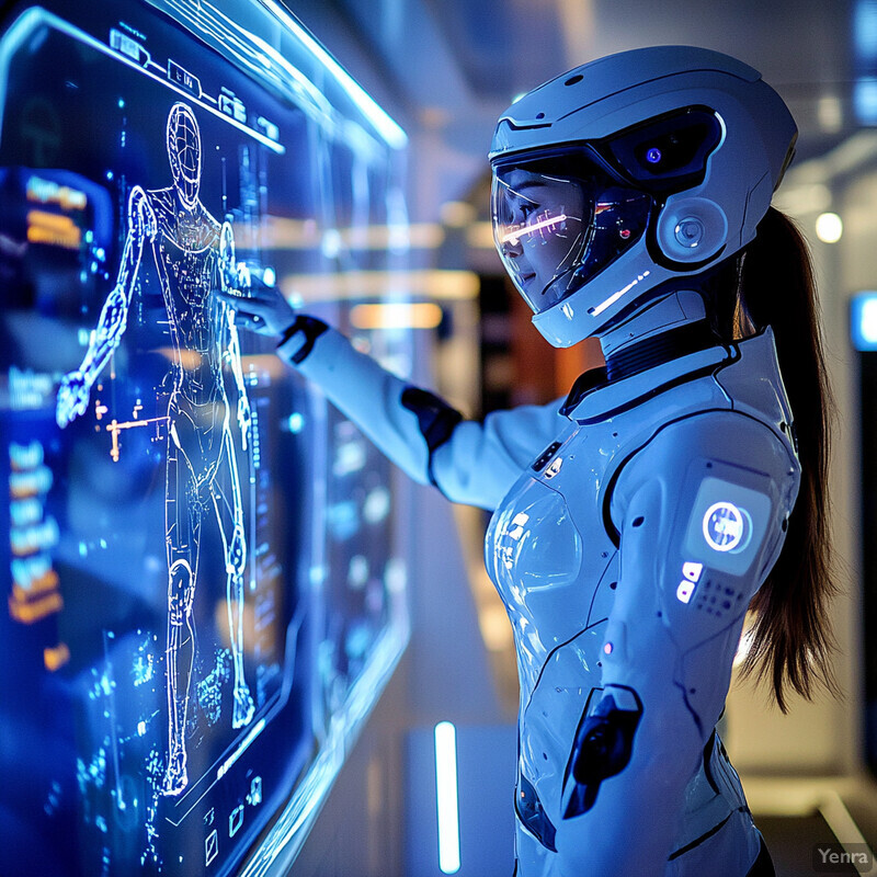 A woman in a white spacesuit examines a holographic display of a humanoid figure.