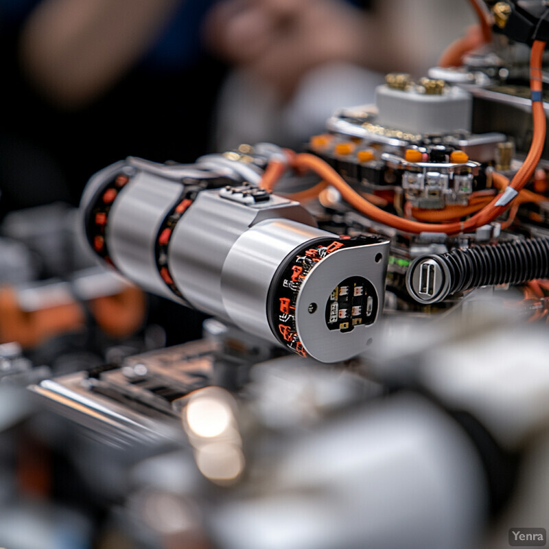 A close-up view of a complex machine with silver parts and orange wires.