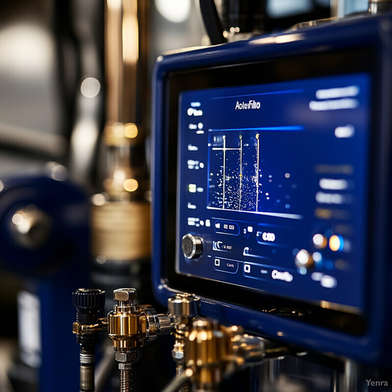 A close-up view of an industrial device with a blue and gold color scheme, featuring a rectangular screen displaying a graph or chart.