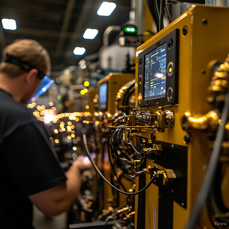 A man works in an industrial setting, surrounded by yellow machines.