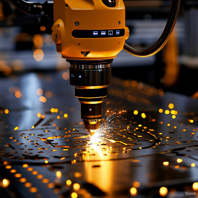 A robotic arm with a cutting tool is being used to cut through metal sheets in a factory.