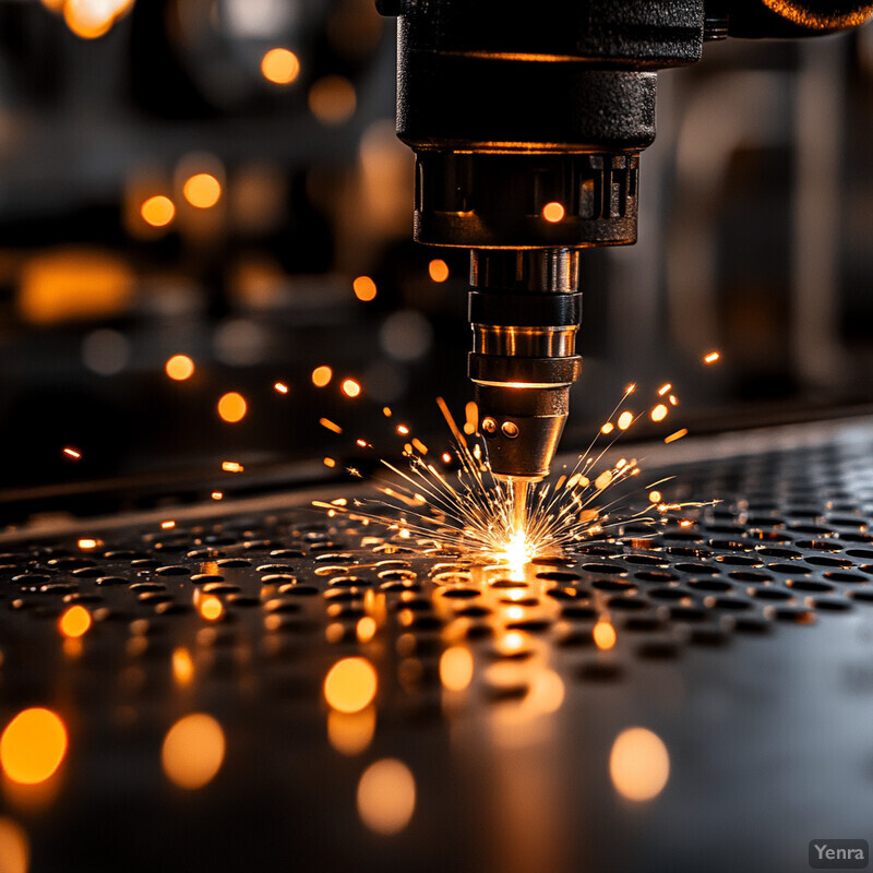 A metal cutting machine is in operation, emitting sparks as it cuts through a material.