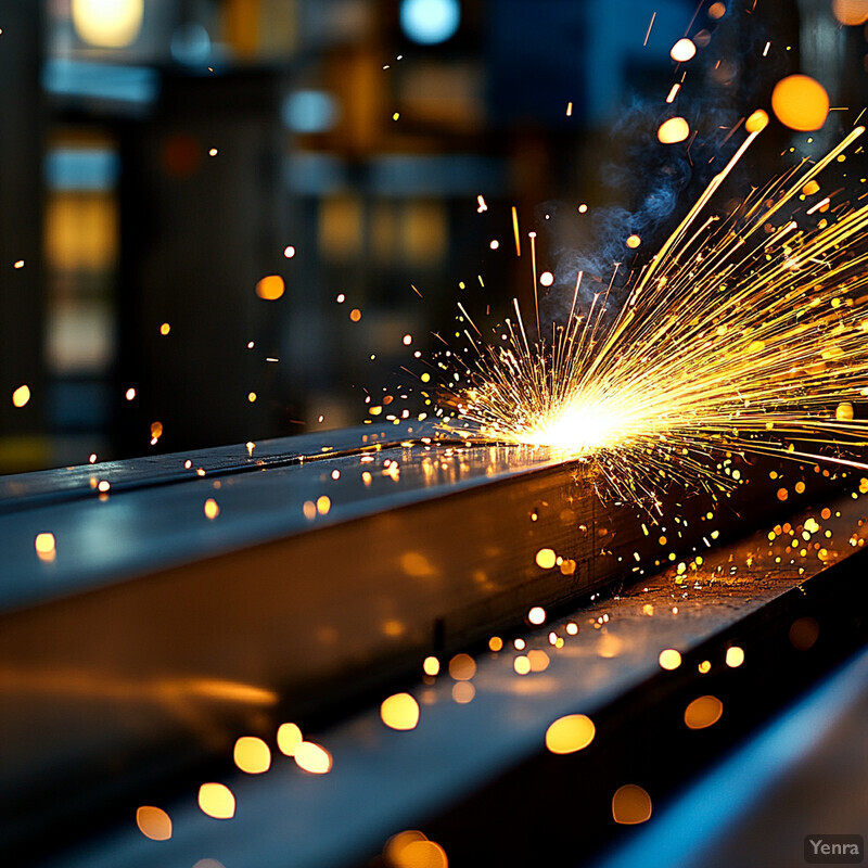 A metal cutting tool is being used to cut through a piece of metal, emitting sparks as it does so.