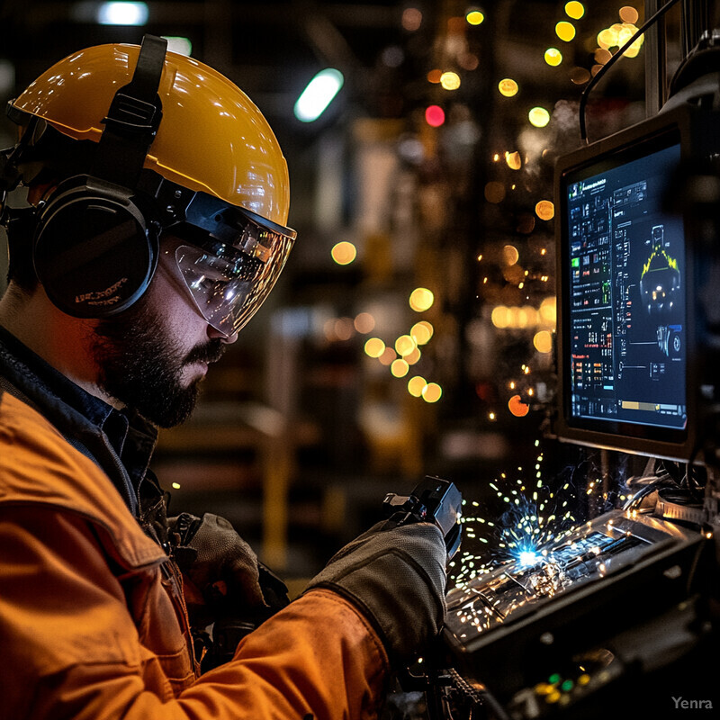 A man in protective gear is engaged in welding or metalworking activity within an industrial setting.