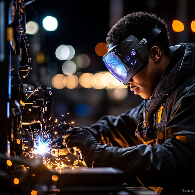 A man wearing protective gear uses a welding tool to create sparks on a metal surface in an industrial setting.