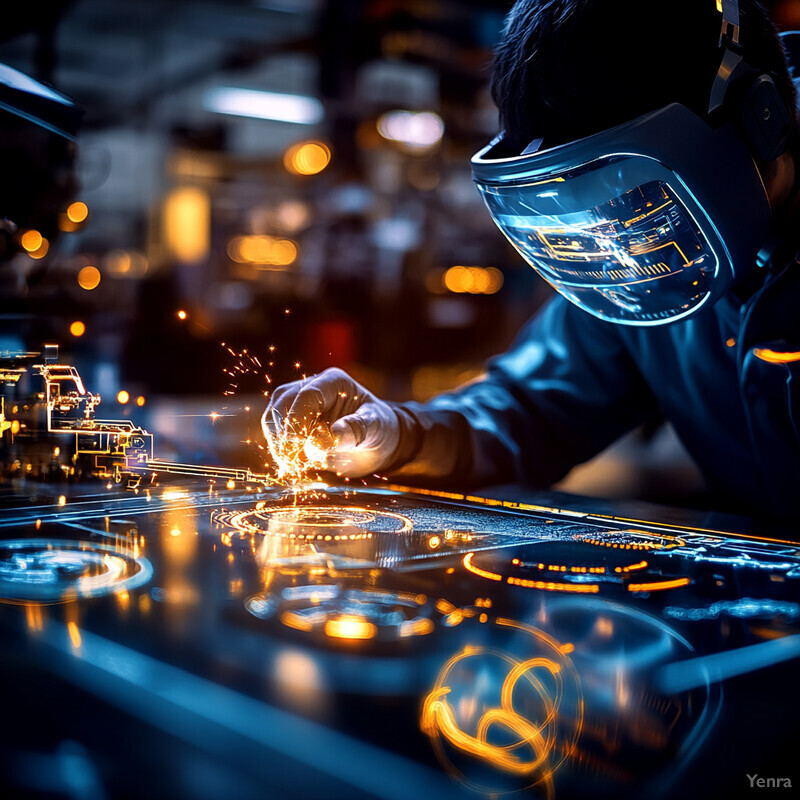 A person in protective gear uses a sparkler to weld or cut metal in an industrial setting.