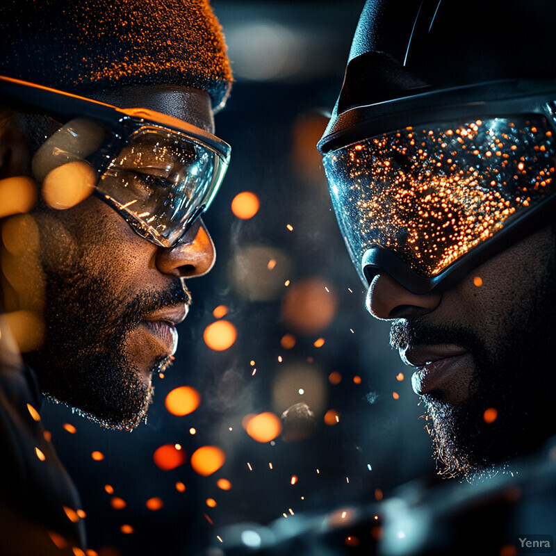 Two men are welding metal pieces together in a workshop or factory setting.