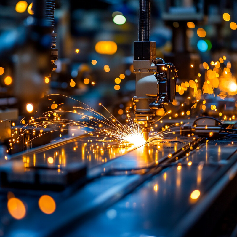 A robotic arm with a welding torch is shown in an industrial setting, surrounded by other machines and equipment.