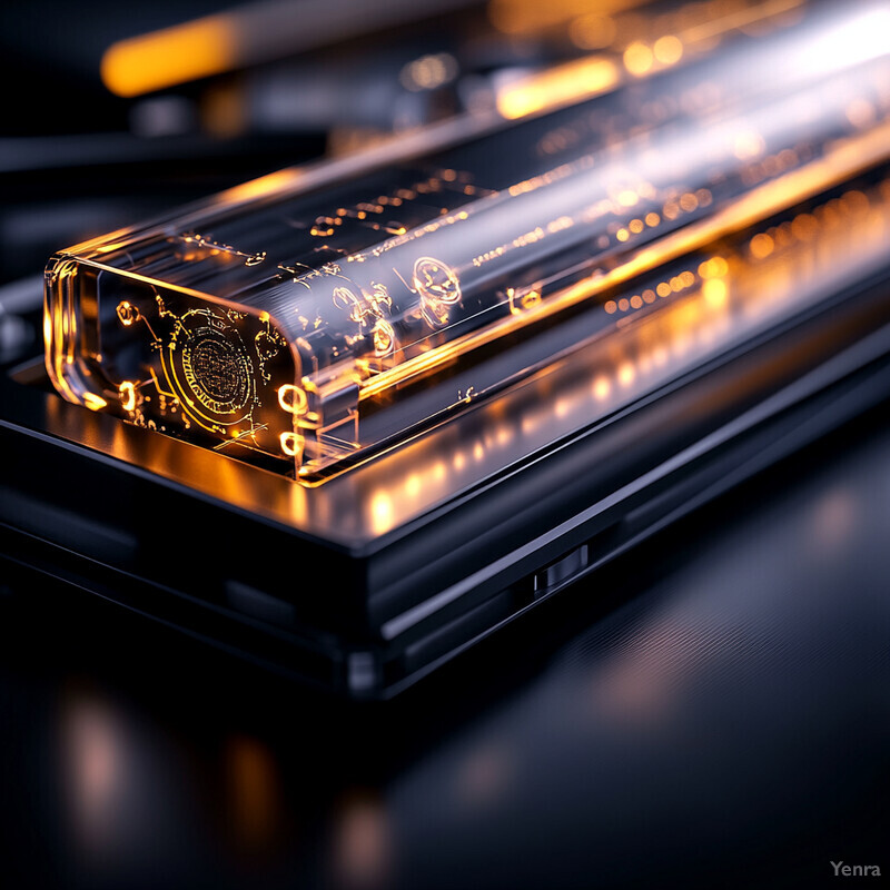 A rectangular glass or crystal-like object with an intricate design inside it is placed on a black surface.