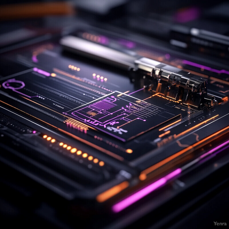 A futuristic-looking computer motherboard or circuit board with purple lines, orange accents, and black wires.